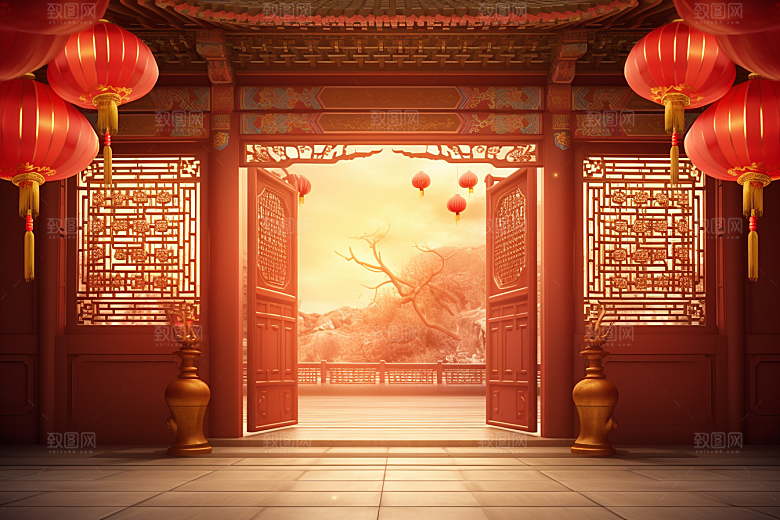 中式传统门楼开业喜庆背景图