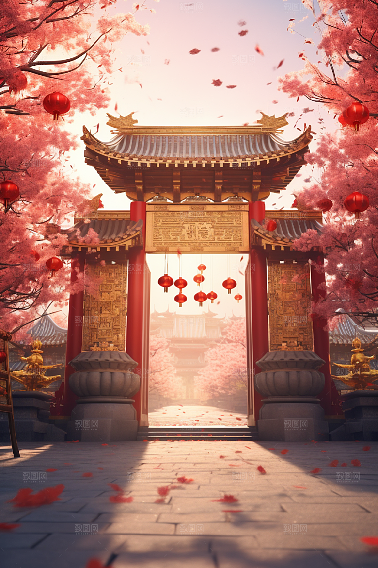 中式传统门楼火热直播背景图