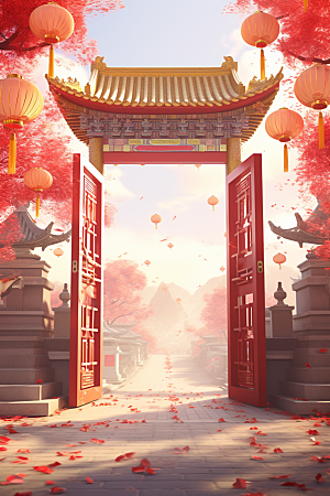 中式传统门楼开业大吉直播背景图