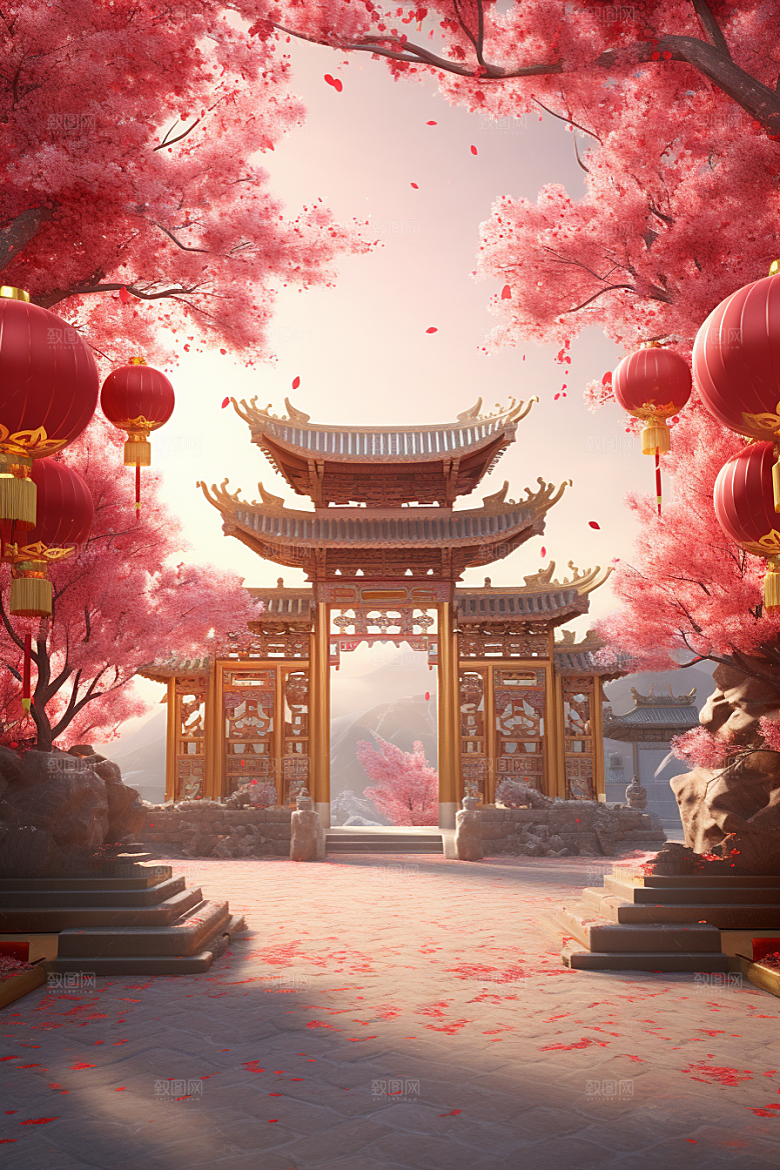 中式传统门楼促销开门红背景图