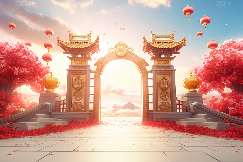 中式传统门楼开业大吉开门红背景图