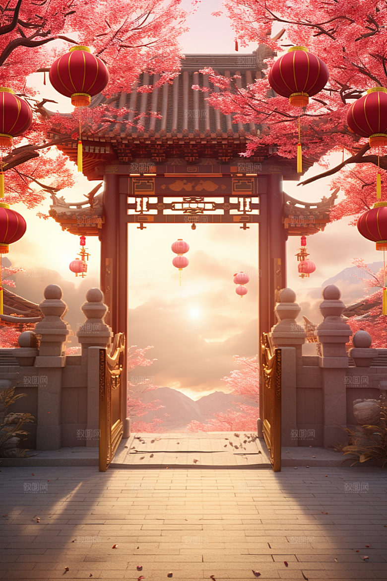 中式传统门楼直播开门红背景图