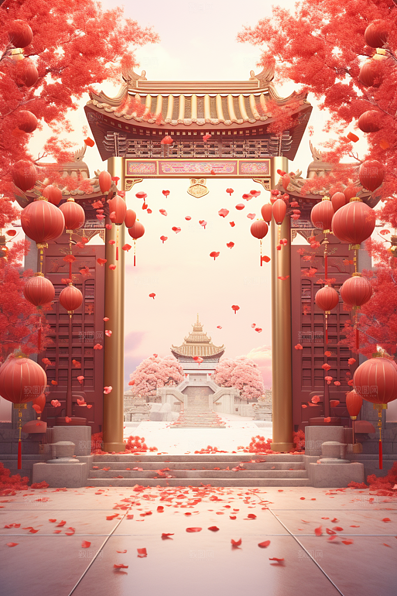 中式传统门楼促销开业大吉背景图