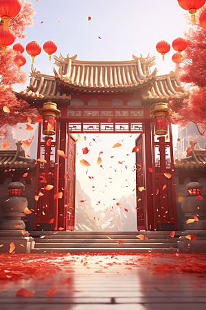 中式传统门楼开业大吉开门红背景图