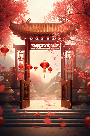 中式传统门楼促销开业背景图