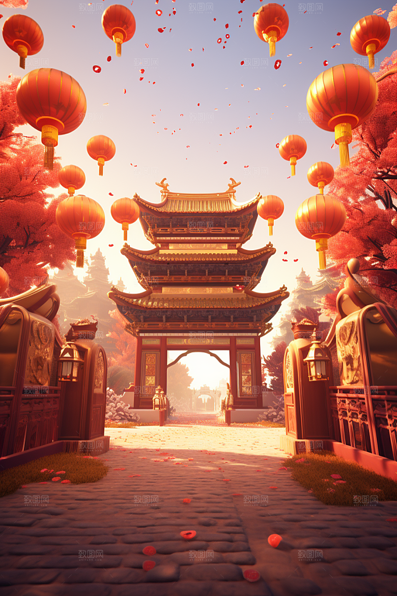 中式传统门楼开门红喜庆背景图