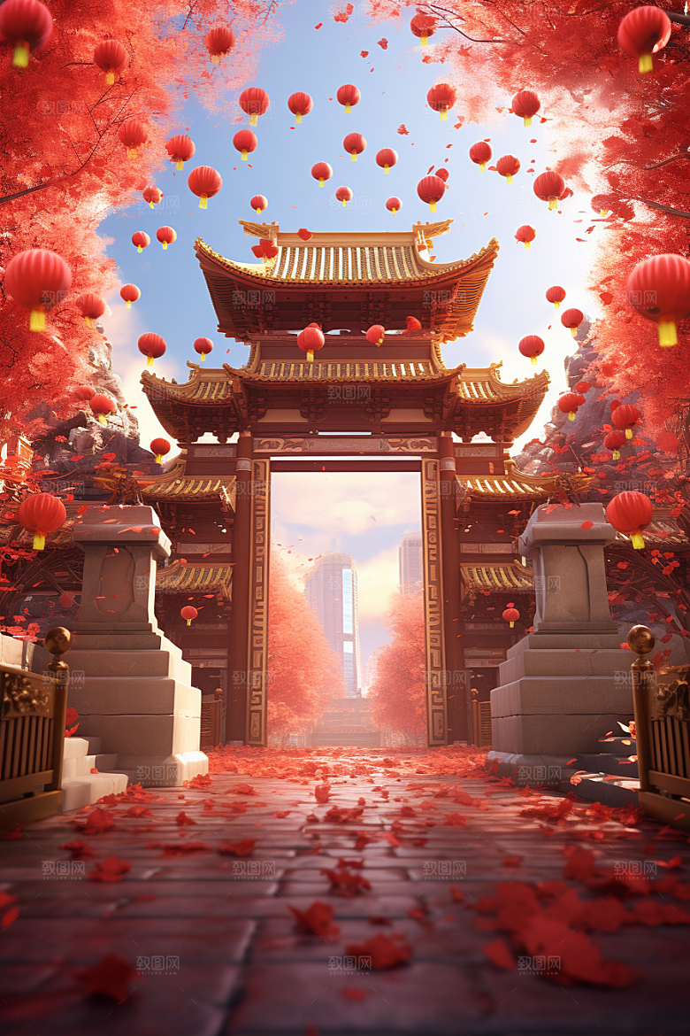 中式传统门楼开业大吉中国风背景图