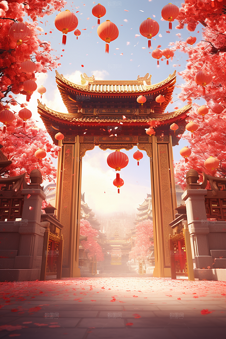 中式传统门楼开门红直播背景图