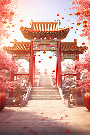 中式传统门楼热卖开门红背景图