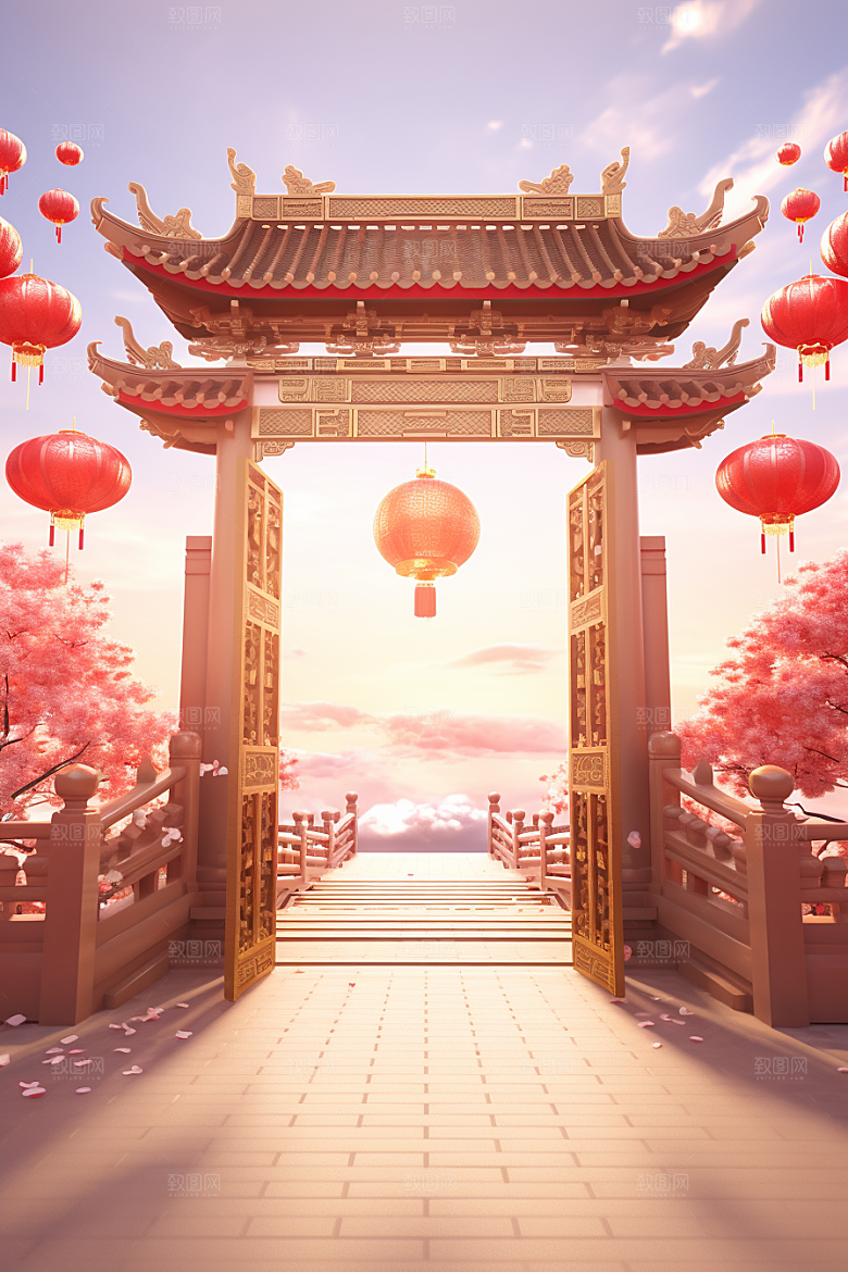 中式传统门楼国潮开业背景图