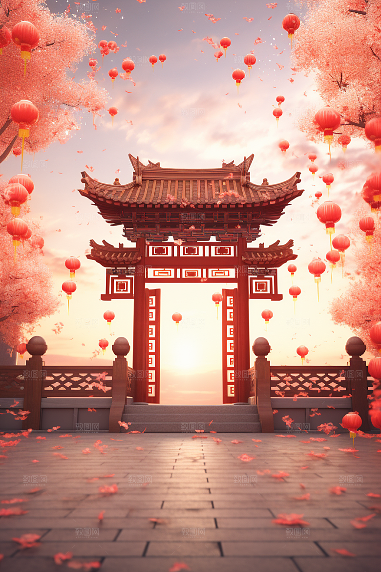 中式传统门楼国潮开业背景图