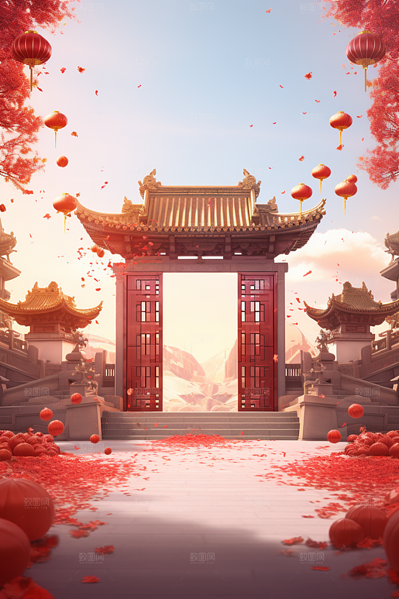 中式传统门楼国潮直播背景图