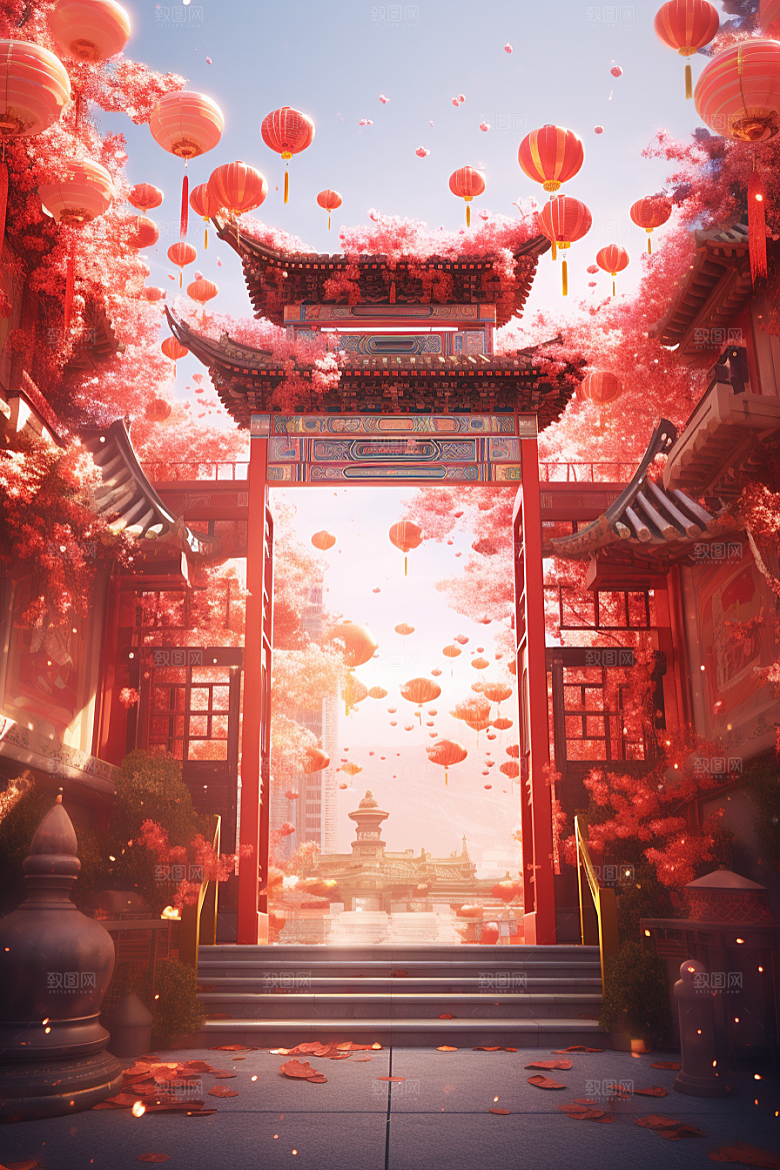 中式传统门楼促销国潮背景图