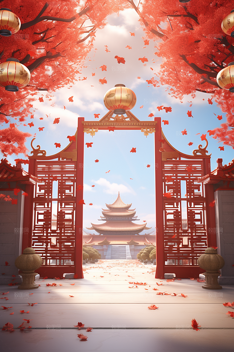 中式传统门楼火热中国风背景图
