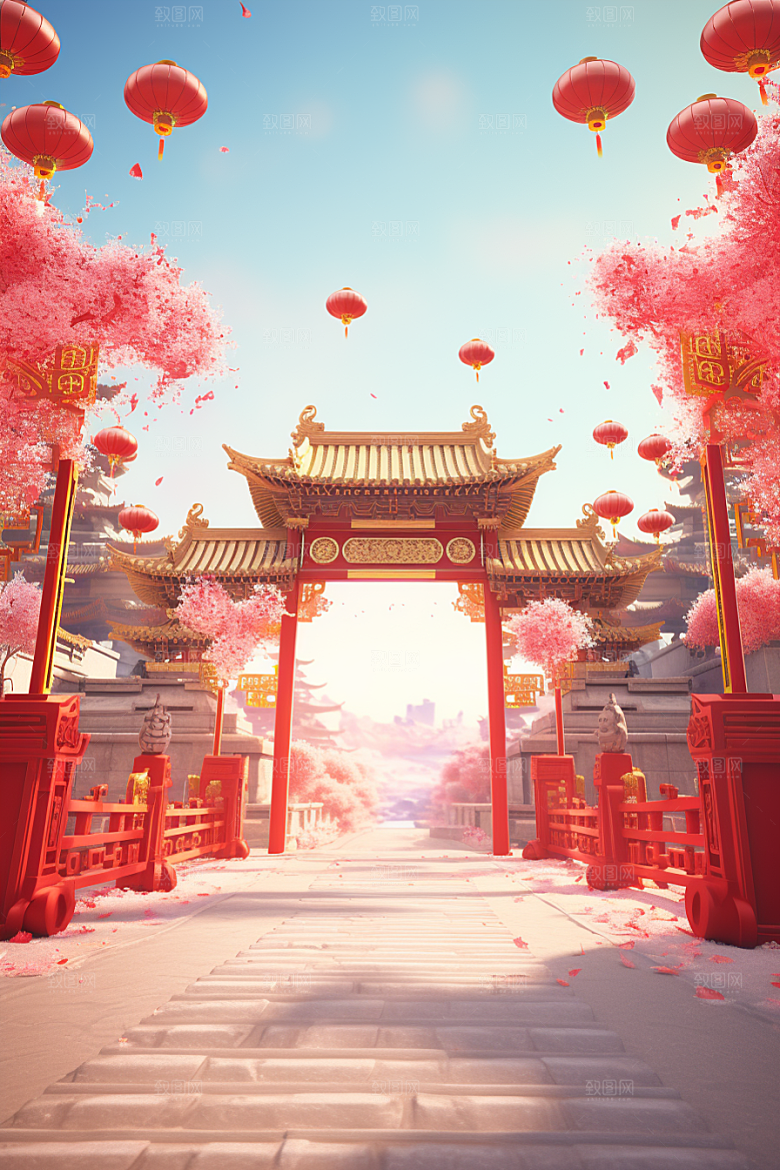 中式传统门楼火热喜庆背景图