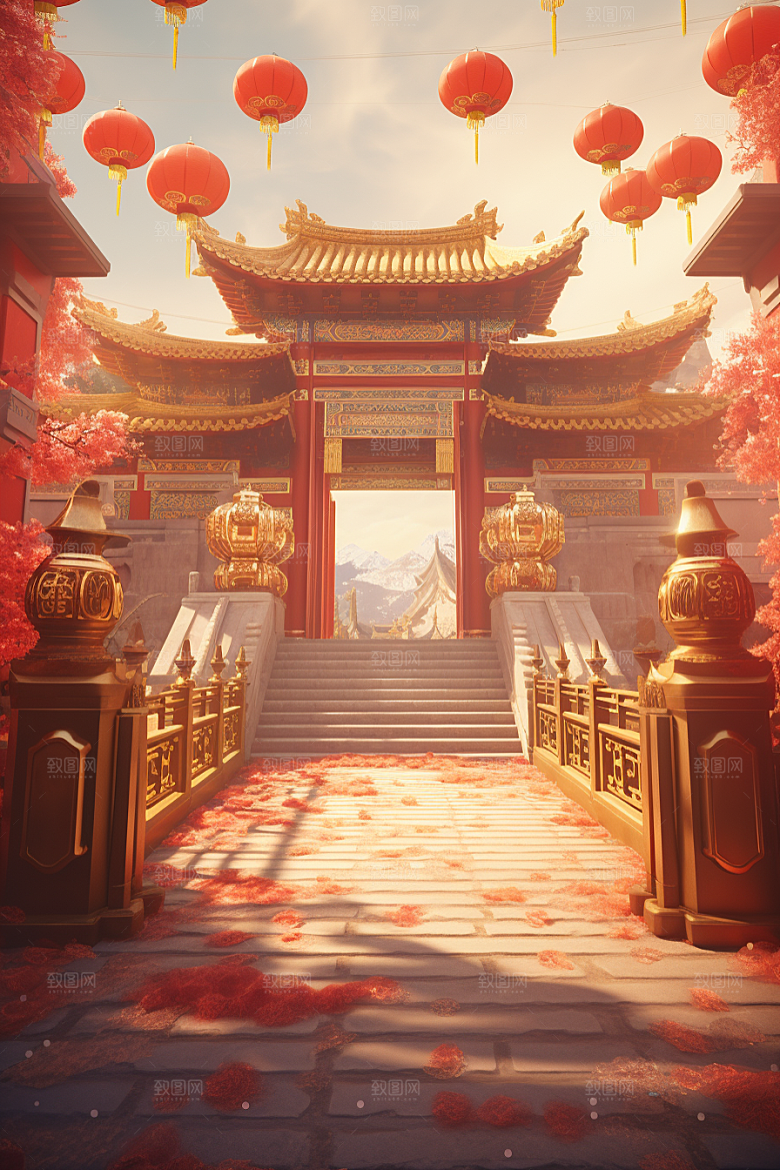 中式传统门楼开业火热背景图