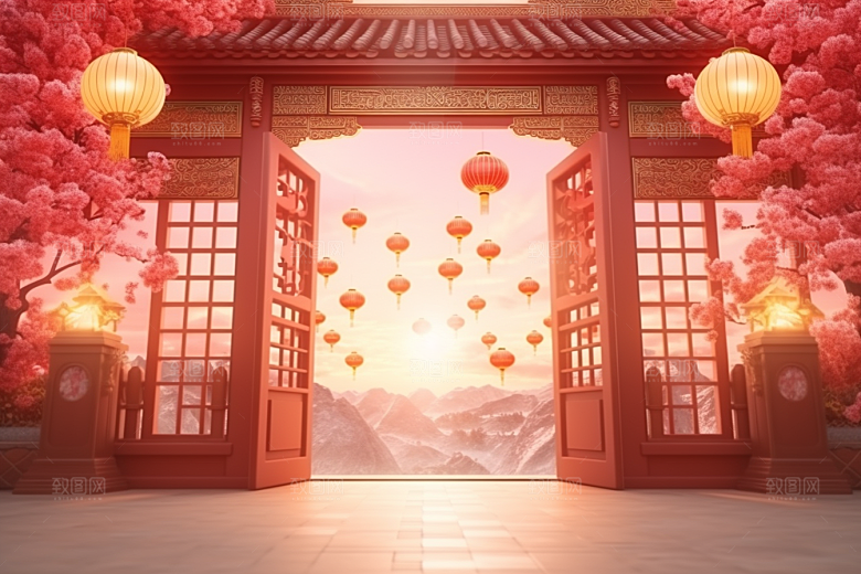 中式传统门楼热卖开门红背景图
