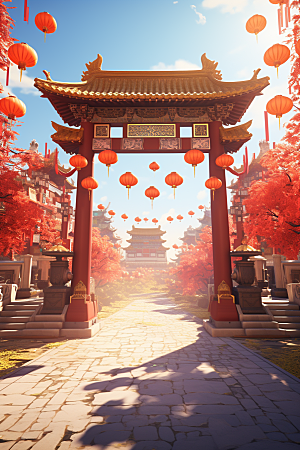 中式传统门楼国潮开门红背景图