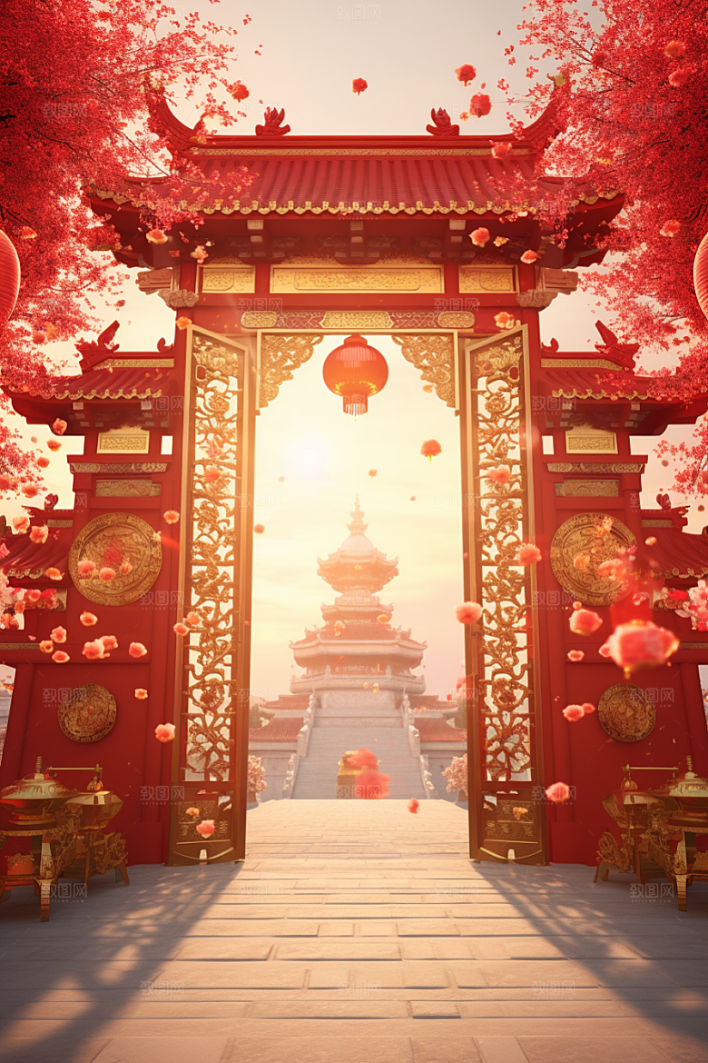 中式传统门楼促销开门红背景图