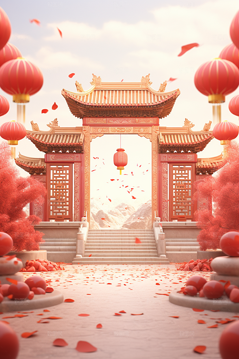 中式传统门楼火热开业大吉背景图