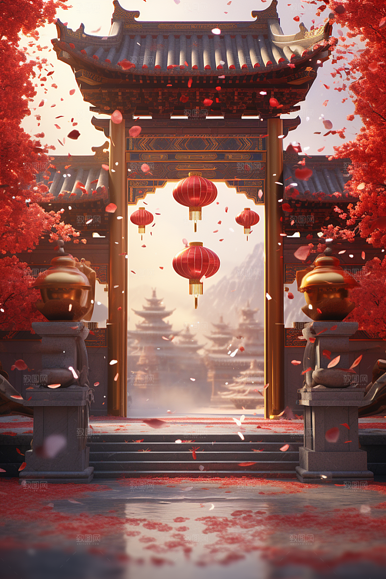 中式传统门楼开门红开业背景图