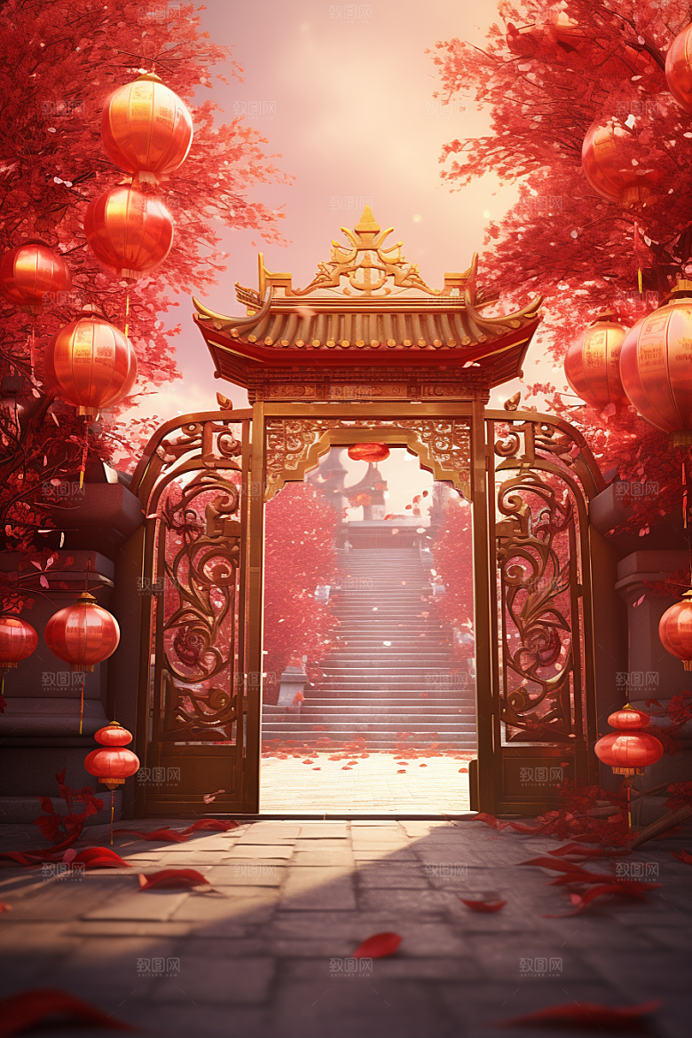 中式传统门楼国潮火热背景图