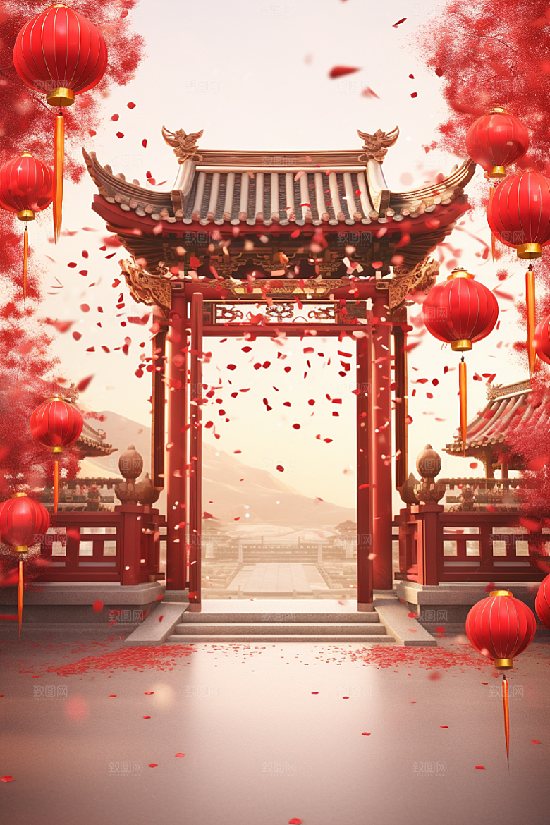 中式传统门楼火热开业背景图