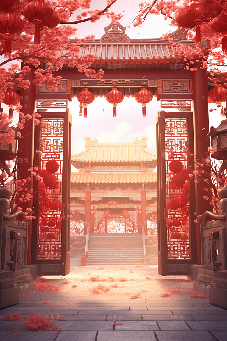 中式传统门楼开门红促销背景图