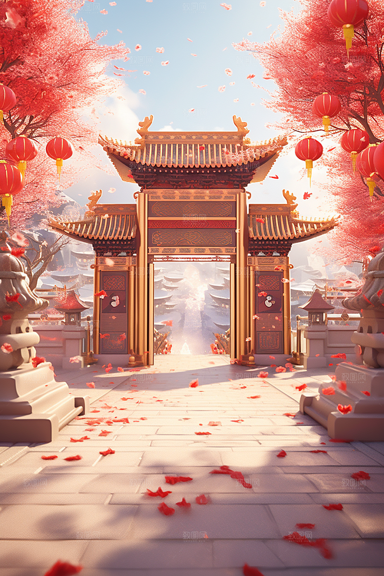 中式传统门楼喜庆促销背景图