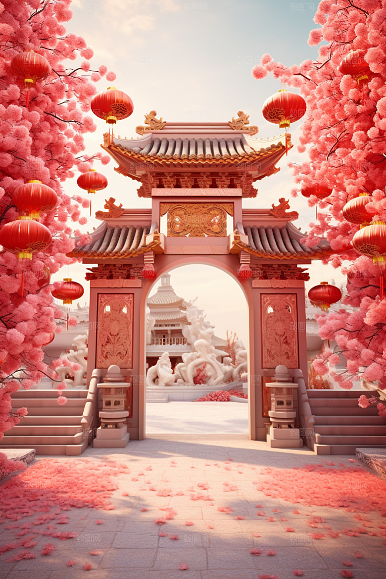 中式传统门楼开门红国潮背景图