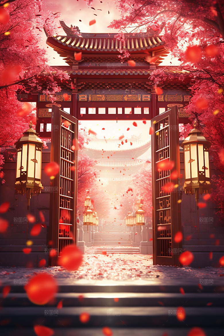 中式传统门楼开门红直播背景图
