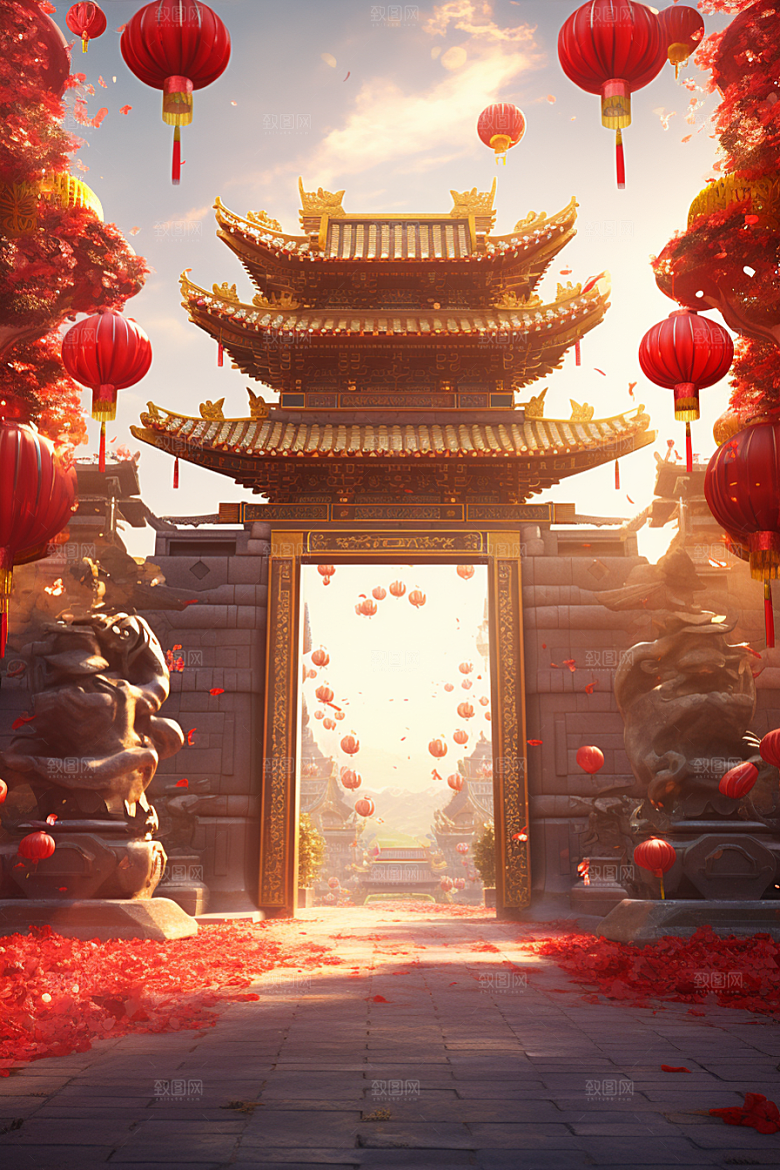 中式传统门楼促销火热背景图