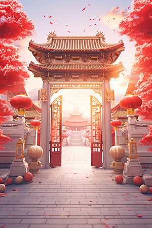 中式传统门楼热卖开业背景图