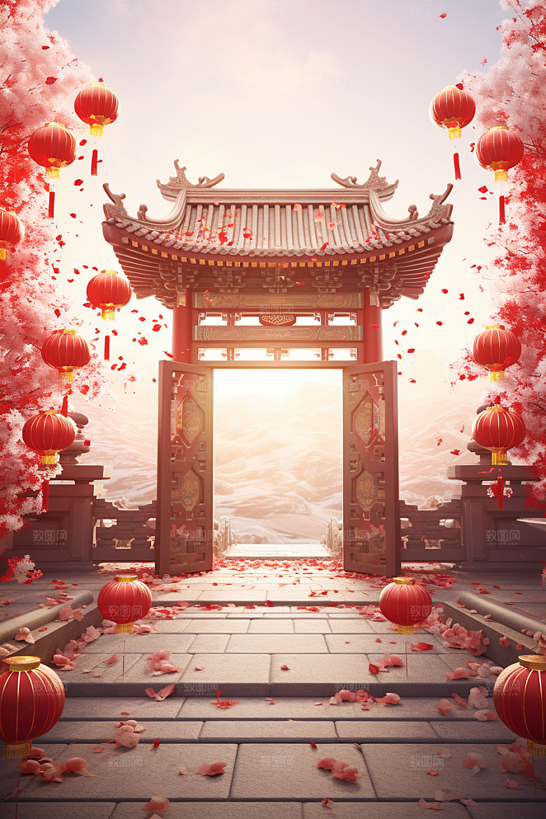 中式传统门楼开业直播背景图
