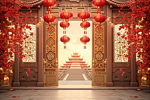 中式传统门楼火热促销背景图