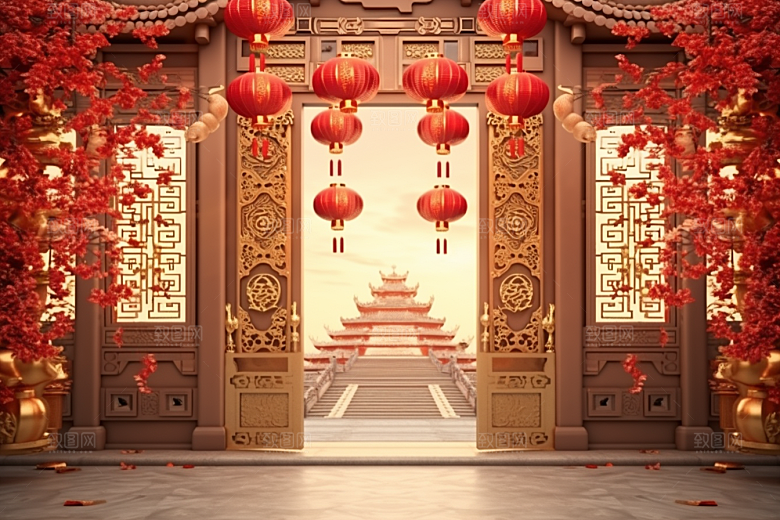 中式传统门楼火热促销背景图