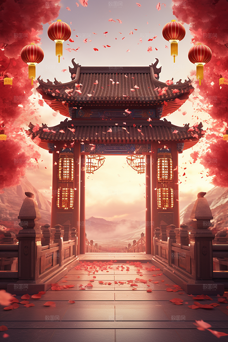 中式传统门楼促销开业大吉背景图