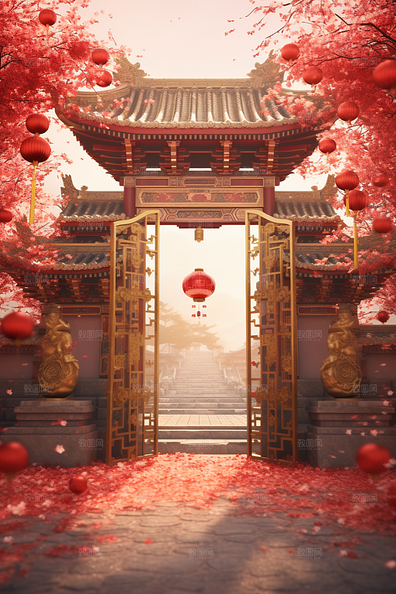 中式传统门楼开业直播背景图