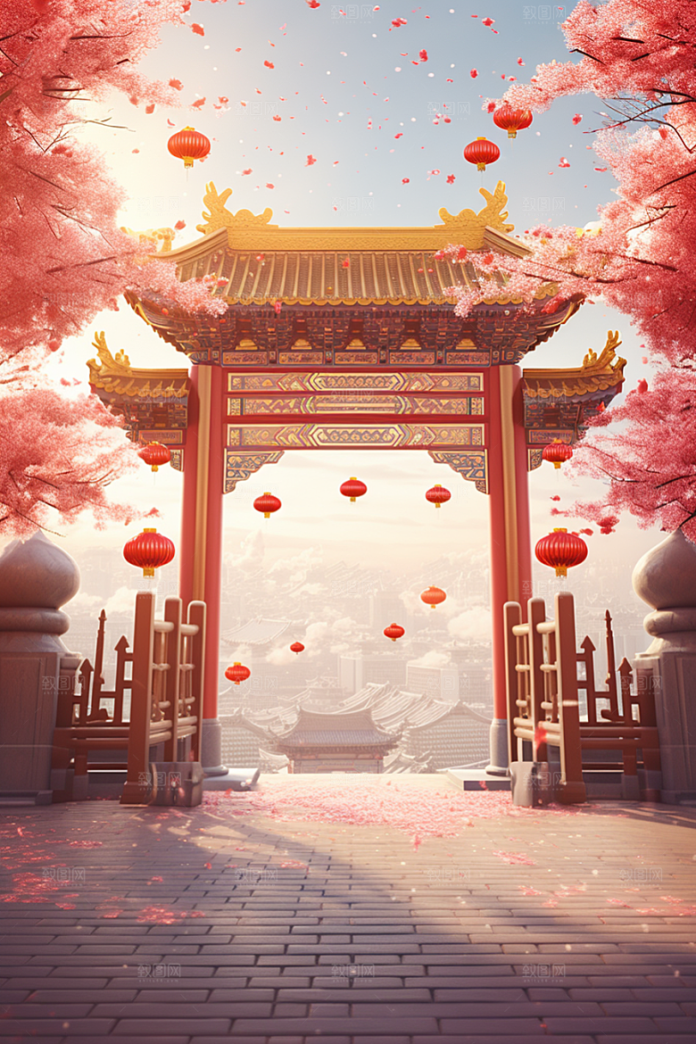 中式传统门楼国潮直播背景图