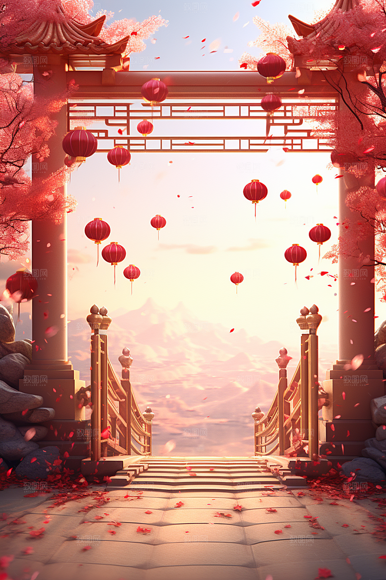 中式传统门楼开业开门红背景图