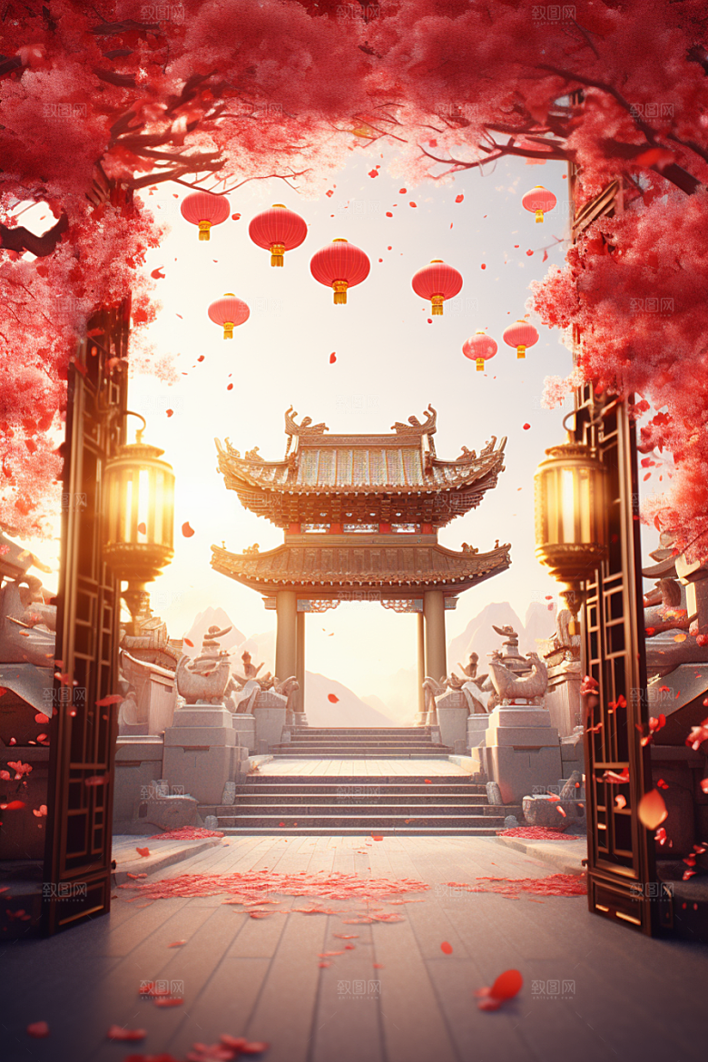 中式传统门楼开业国潮背景图
