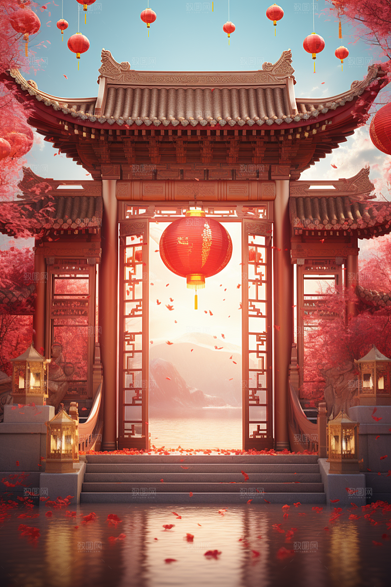 中式传统门楼开业大吉喜庆背景图