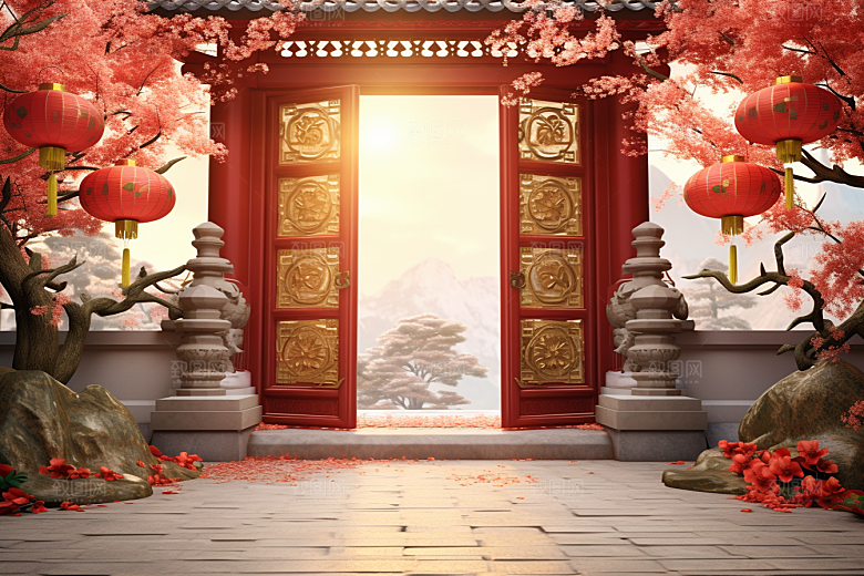 中式传统门楼中国风促销背景图