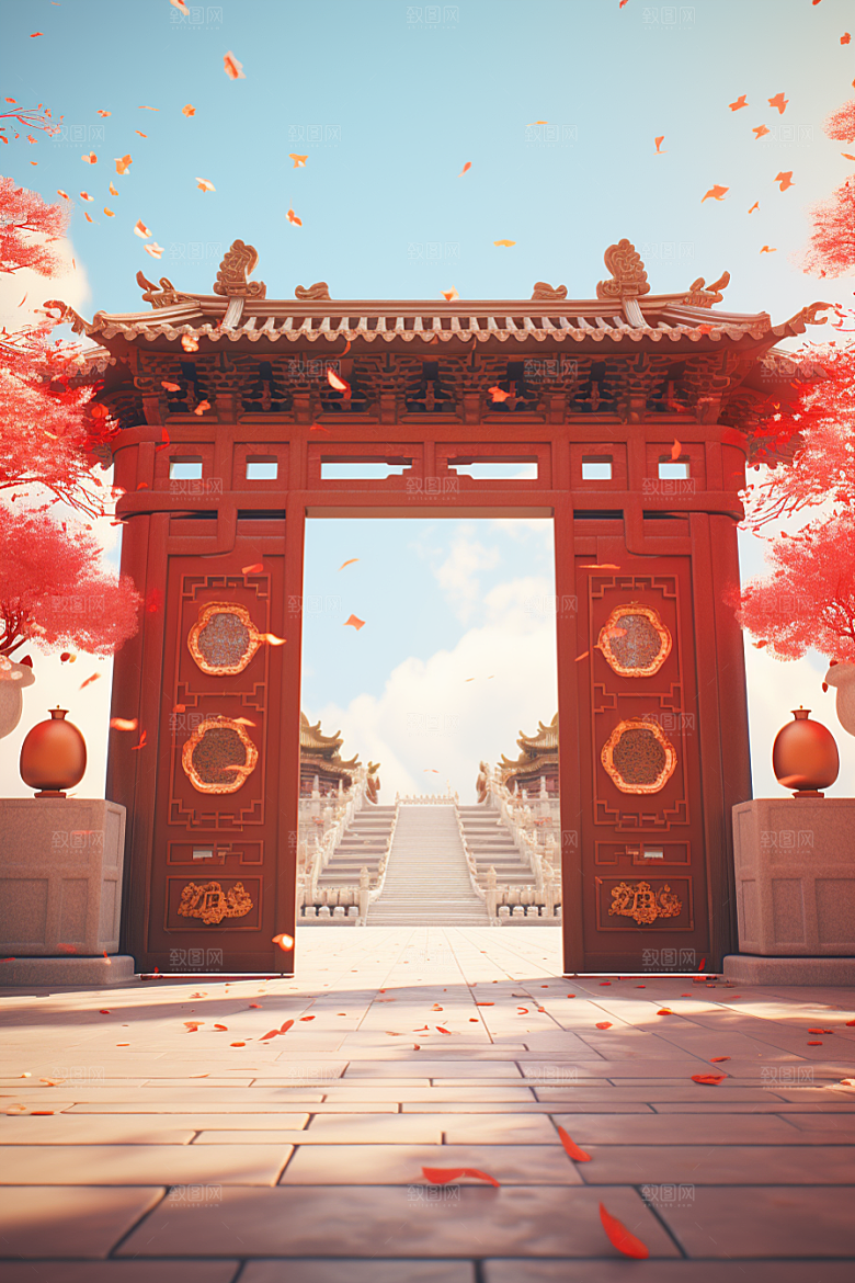 中式传统门楼开门红开业背景图