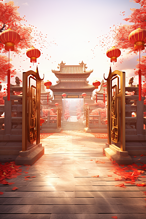 中式传统门楼中国风火热背景图