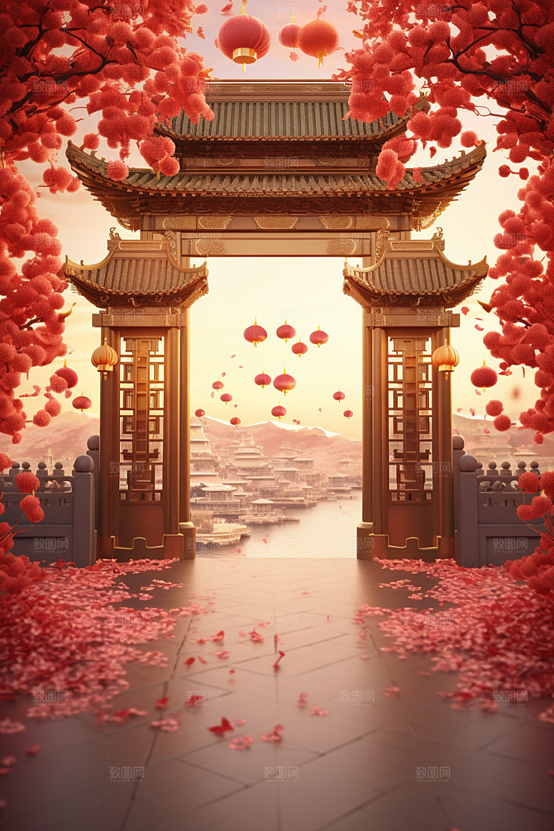 中式传统门楼喜庆火热背景图