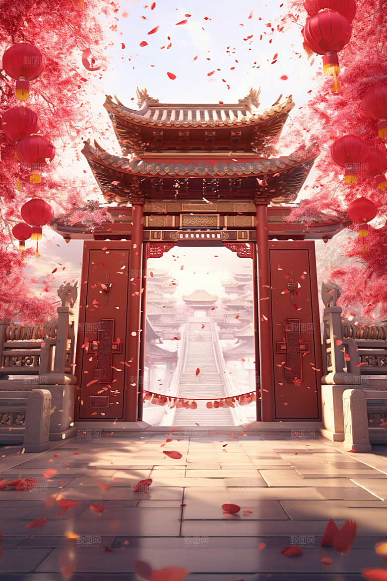 中式传统门楼中国风喜庆背景图