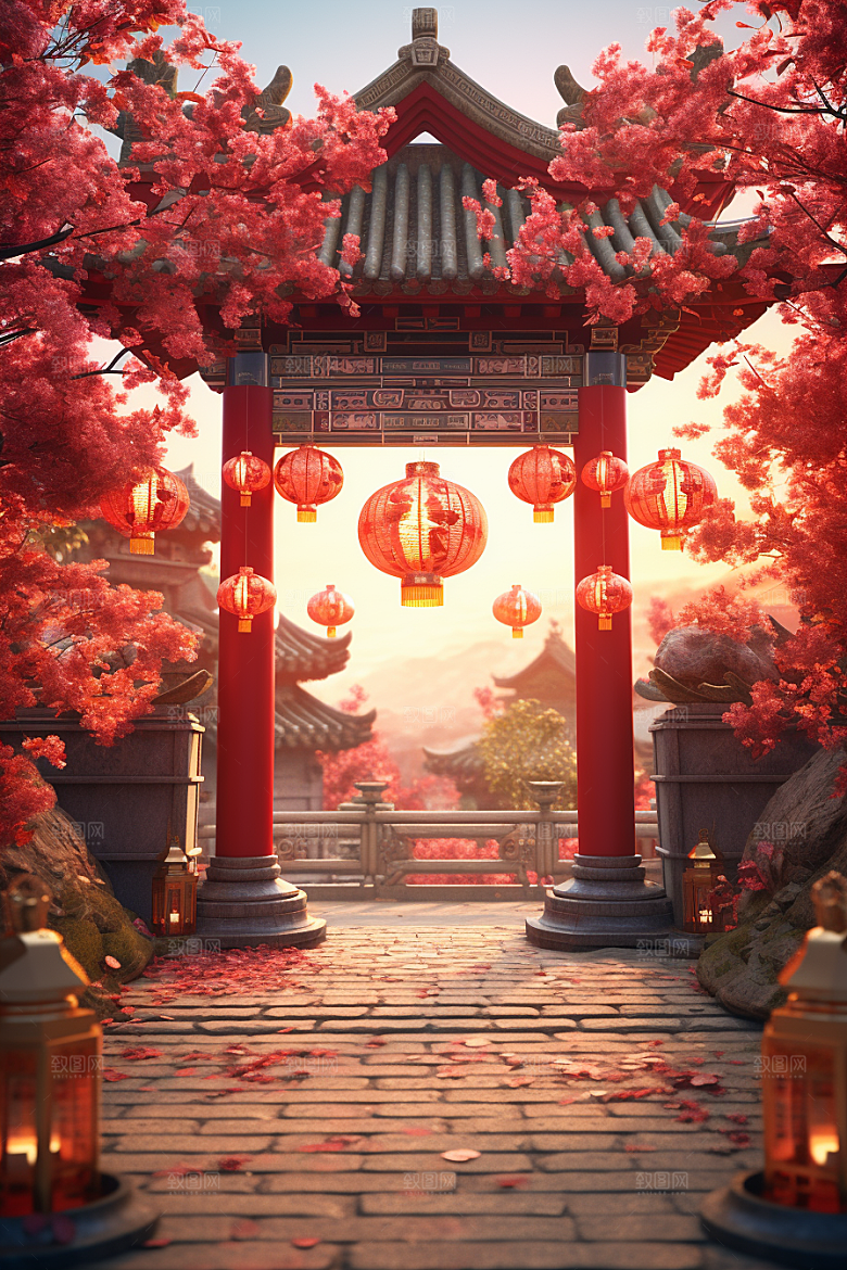 中式传统门楼开业大吉开门红背景图