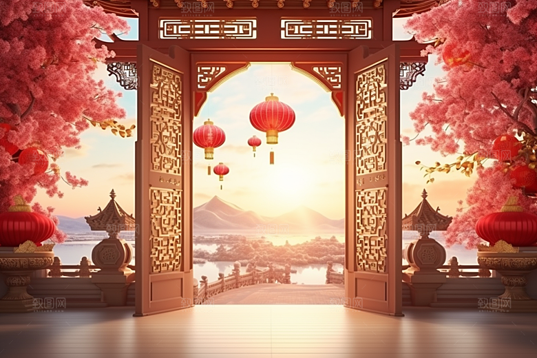 中式传统门楼开业开业大吉背景图