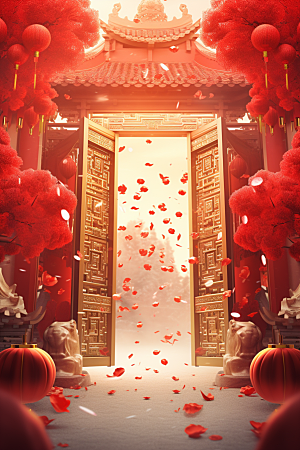 中式传统门楼开门红促销背景图